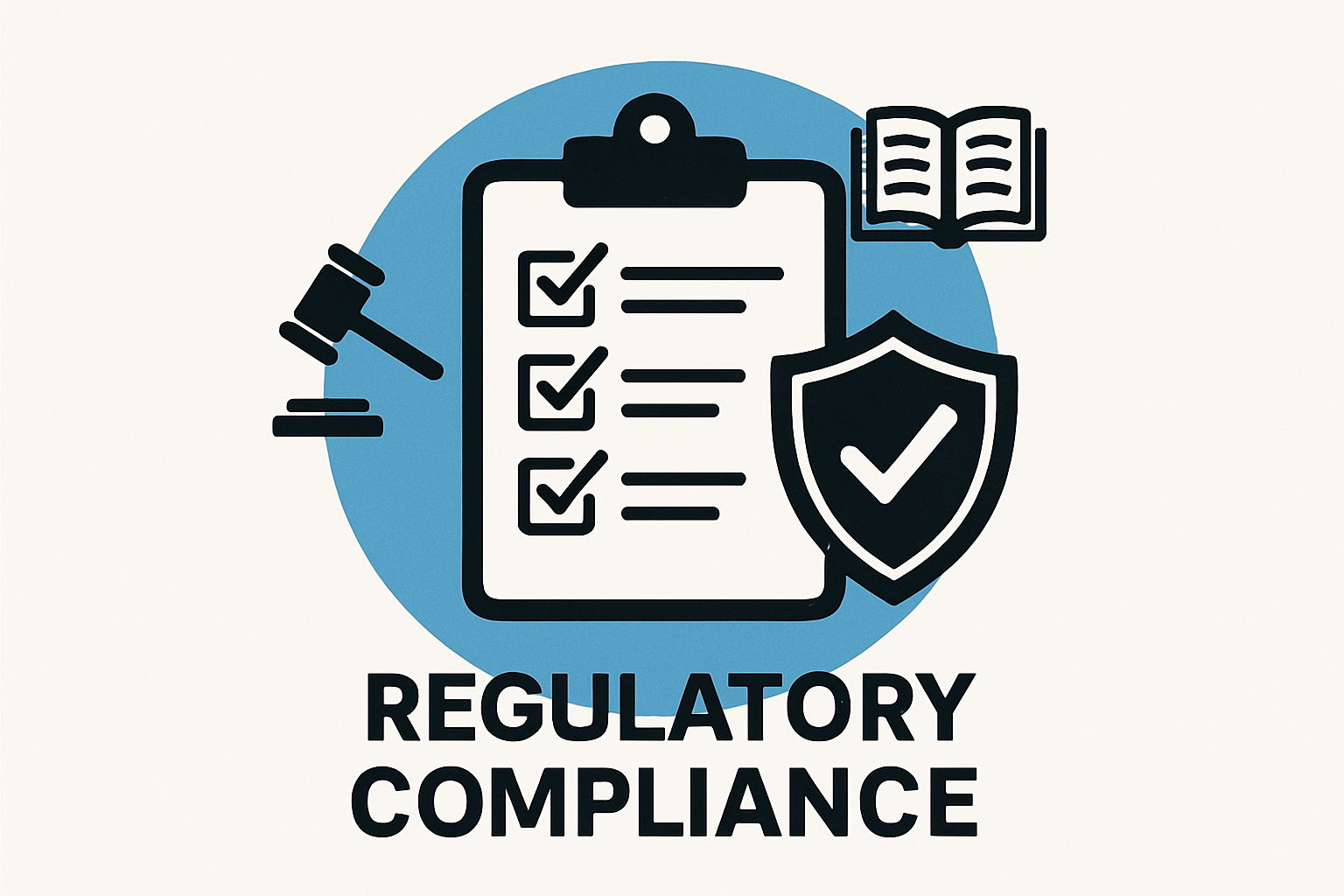 an abstract cartoon depiction of regulatory compliance, a check list, an open book, etcetera