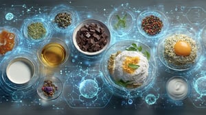 diverse foods, chocolate, spices, oils, dairy on a high-tech lab bench, overlaid with holographic molecular structures of hydrocarbons, glowing chromatograms.