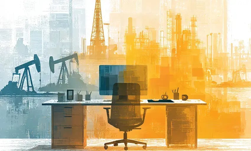 Illustration of a Desk, oil technologies and hardware are over-imposed 