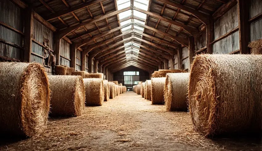 a large barn with many bales of hay
