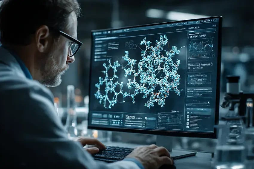 a scientist in a laboratory setting, stares at his computer screen, displaying a protein structure.