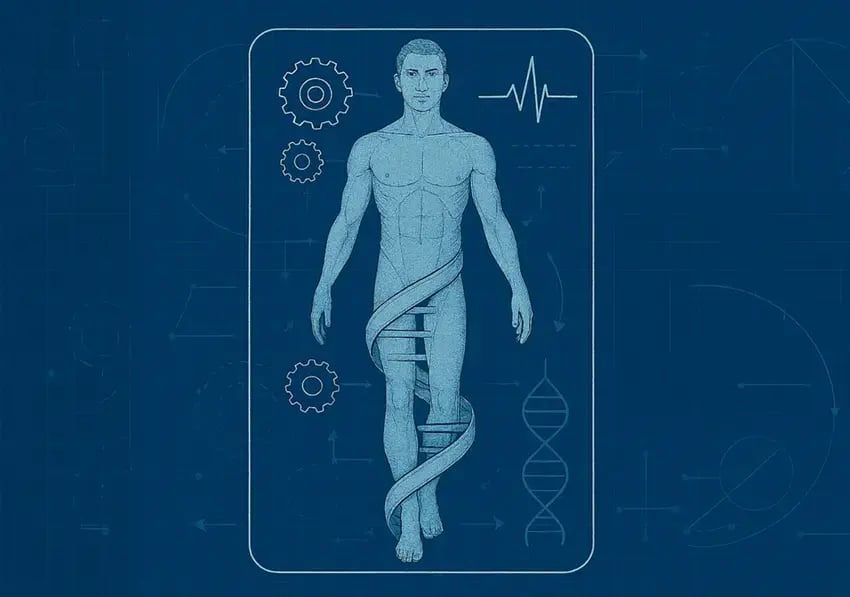 illustration of man on blueprint sheet, a DNA strand grows from his feet up towards his chest. 