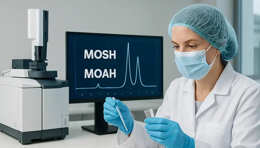 a lab scientist next to an analyzer and computer with the words MOSH MOAH on the screen.